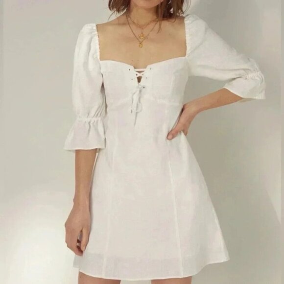 Aritzia Wilfred Stanza Mini Dress Linen Puff Sleeve Coral Pink Corset Size XXS - Picture 2 of 16